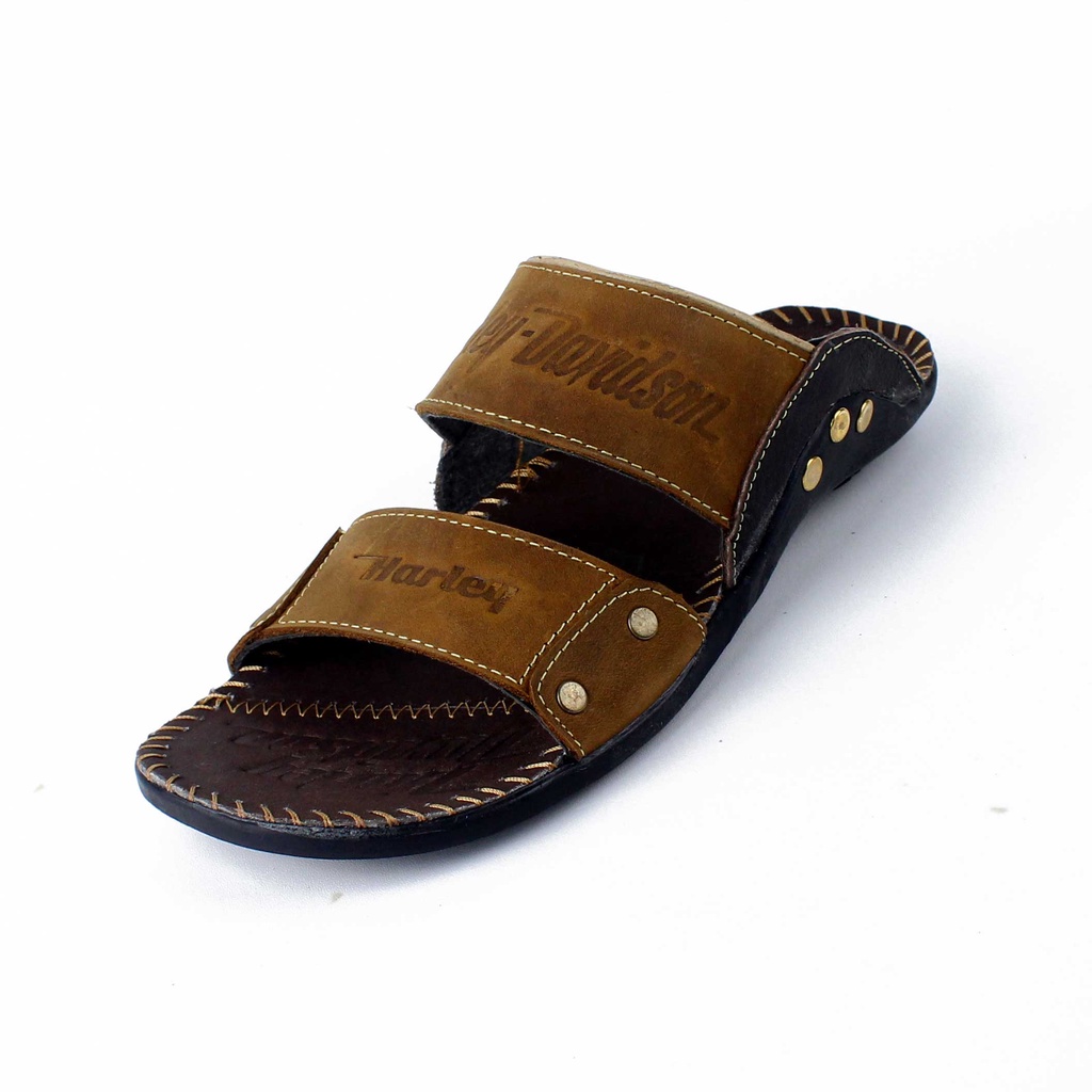 Sandal Kulit Asli - Sandal Selop Pria - Sandal Casual - Sandal Slide Harley B2 Tan