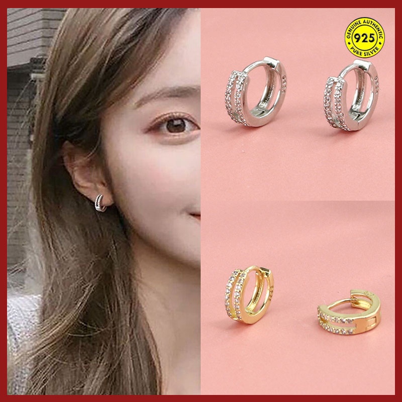 Anting Lapis Ganda Bahan S925 Silver Gold 18k Gaya Korea Untuk Wanita