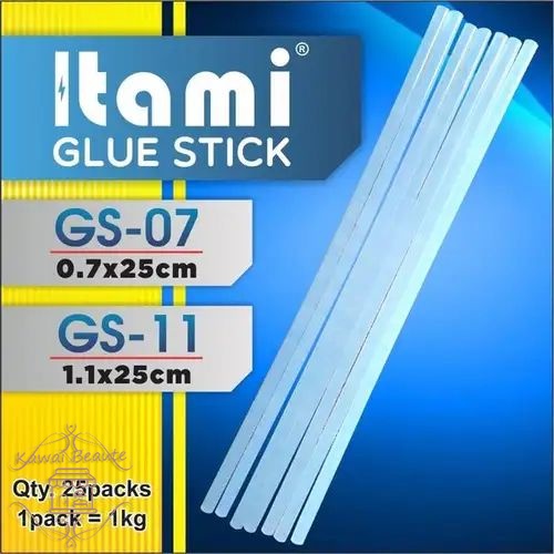 Itami Glue Stick Lem Tembak panjang 25CM PER PACK Terdiri dari 2 : -0.7 X 25CM -1.1 X 25CM  QTY :25PCS  Alat ini sangat cocok diaplikasikan pada produk kerajinan tangan / prakarya, lem kaca, produk rumah tangga dan lain-lain