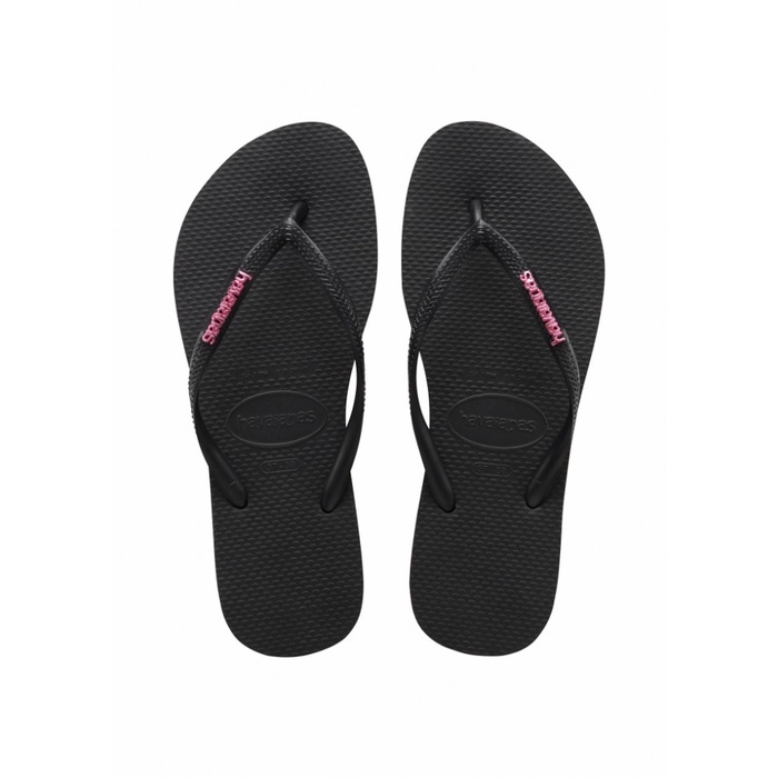 Havaianas Slim Logo Metallic 1094-Black/Pink - Sandal Wanita - Hitam, 39-40