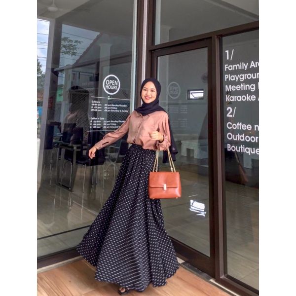 (bisa cod) ROK POLKA | LONG SKIRT MOTIF POLKA  COLOUR BLACK MODEL PAYUNG PINGGANG FULL KARET PREMIUM-7