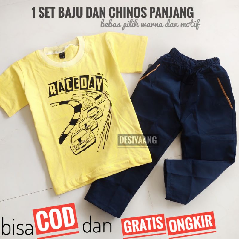 SETELAN OBLONG ANAK LAKI LAKI DINOSAURUS DAN CELANA CHINOS PANJANG SIZE M USIA 5-6 tahun