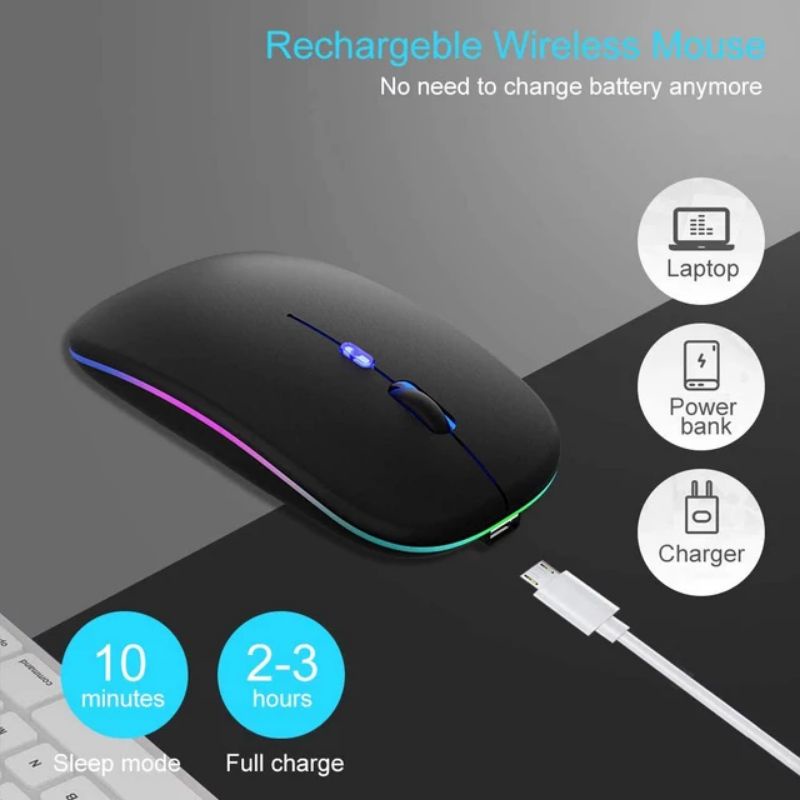 Mouse Lampu RGB wireless baterai tanam Mouse wireless 02.4G Silent Wireless 1200 DPI RGB LED Backlit Isi Ulang Mouse silent lampu RGB efek Mos mous wireles mos werles