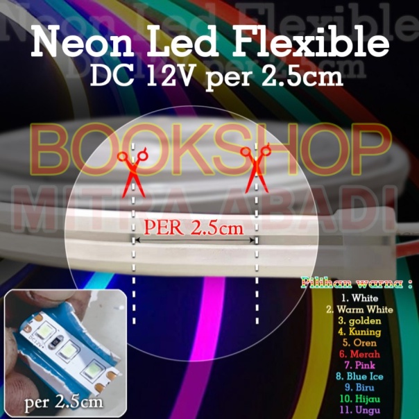 Lampu LED NEON FLEX Strip Light 2,5 CM Flexible DC12V IP65 WATERPROOF