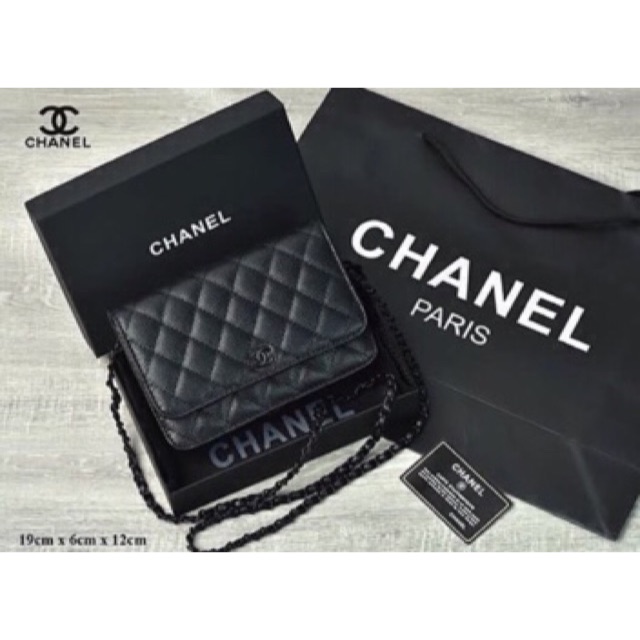 Clutch Chanel WOC Flap Classic So Black Caviar Quilted Hitam