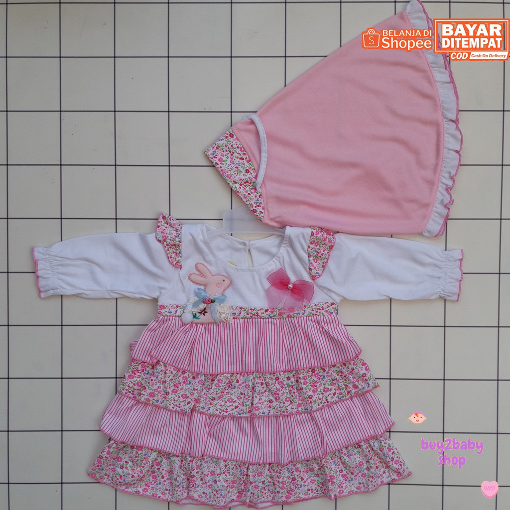 Baju lebaran bayi set gamis panjang dengan jilbab motif Polkadot/Bunga Baby Flower