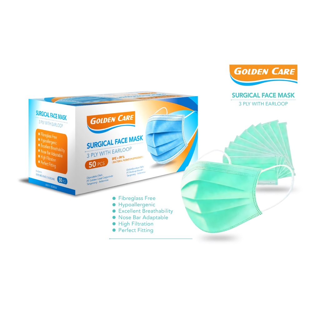 MASKER GOLDEN CARE / MASKER 3 PLY EARLOOP SURGICAL / MASKER BEDAH