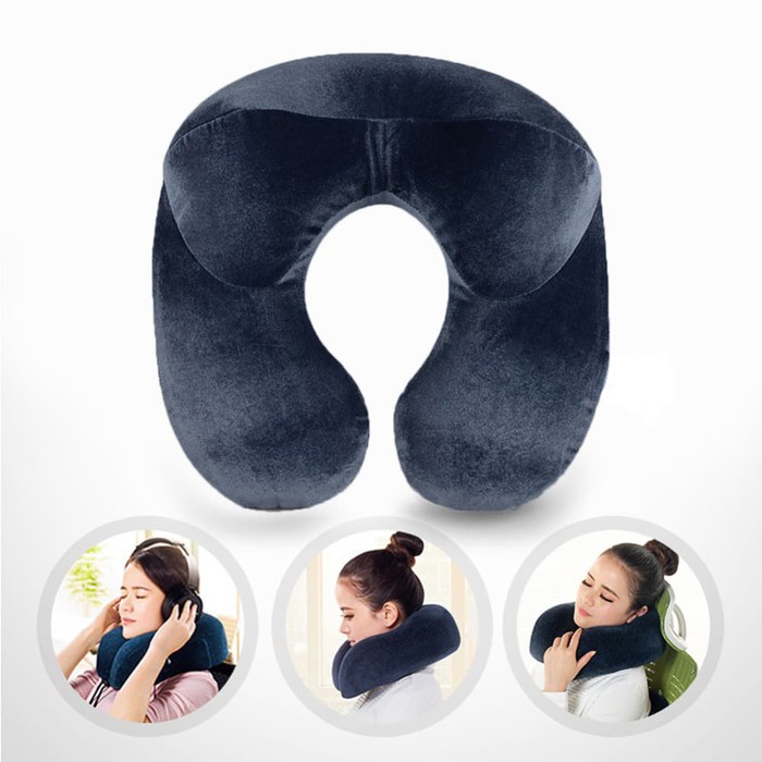 Bantal Leher U-Shape Inflatable Travel Neck Pillow - Dark Blue