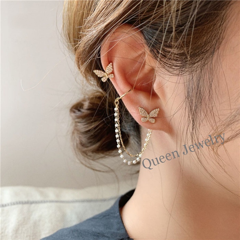 Butterfly set Anting Klip Telinga Model Kupu-Kupu Rumbai Rantai Menjuntai Gaya Korea