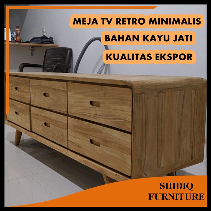 Meja Tv Kayu Bufet Tv Kayu Jati Terbaru Model Retro Minimalis Cantik Dengan 6 LACI