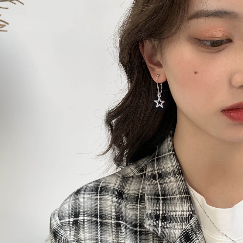 Roselife 1 Pasang Anting Gantung Panjang Tusuk Gaya Korea Motif Bintang Aksen Hollow + Rumbai Untuk Wanita