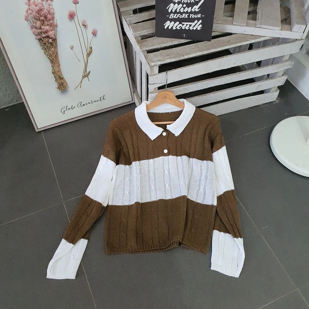 Sweater Collar Wanita Colla Cable Bahan Rajut Terbaru Ala Korean Style