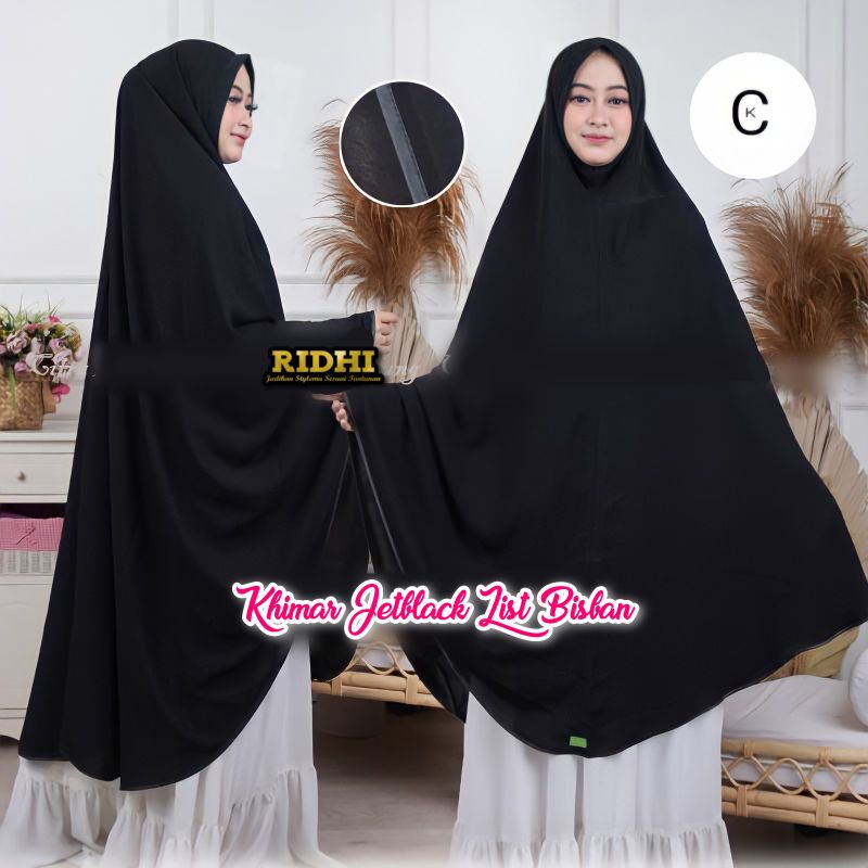 Jilbab Khimar Jumbo Syari non pet pad Jetblack List bisban Galeri Ridhi