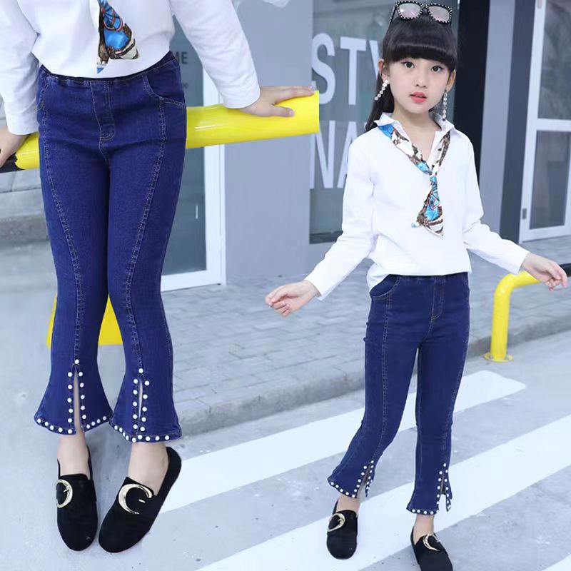 Untuk 2-12T Denim Jins Jeans Celana Anak Cewek Perempuan Mutiara Legging Long Kasual Bell-bottom Pants