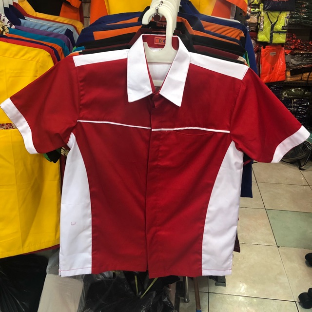 Kemeja Kerja Wanita Warna Merah Kombinasi Putih, Bisa Ditambah Bordir Logo