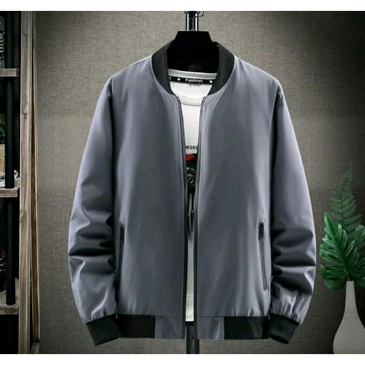 Jaket Pria Distro Tebaru HARRINGTOON POLET BOMBER FORMAL / Jaket Pria outdoor / Jaket garis polos / Jaket tebal murah-Abu