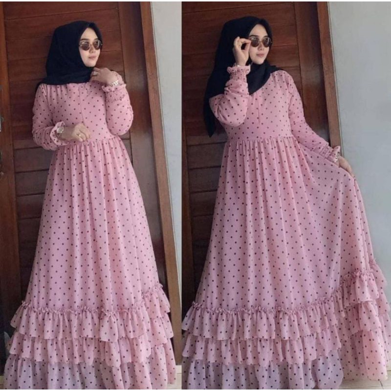 gamis polcadot pink hitam