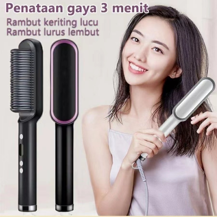 Perfin PFJF03 Alat Catok Rambut 2 in 1 Catok Sisir Listrik Pelurus Rambut Hair Straightener Curler