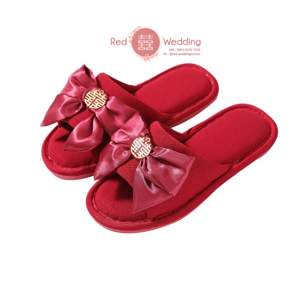 Sandal Maroon Pengatin Groom/Bride Sepatu Wedding Bahan Kain Pita dengan Shuang Xi Sanghi Emas