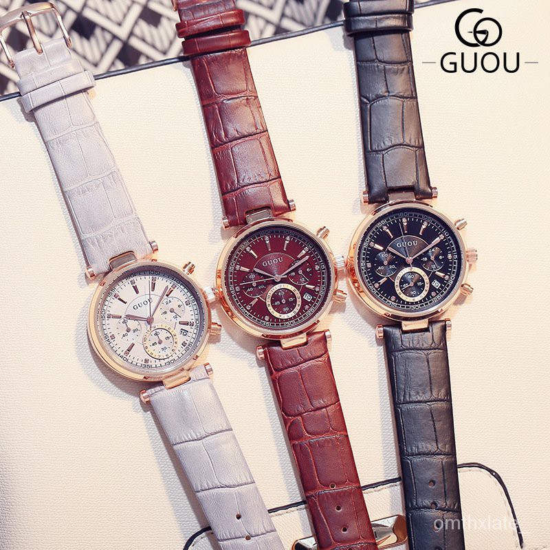 【Factory Outlet】GUOU Jam Tangan Wanita Fashion Amerika Guou Tiga Mata Multifungsi Jam Tangan Quar