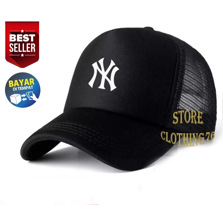 Topi Distro Trucker Jaring NY New York Keren Text Putih Premium Quality Topi Pria Dan Wanita