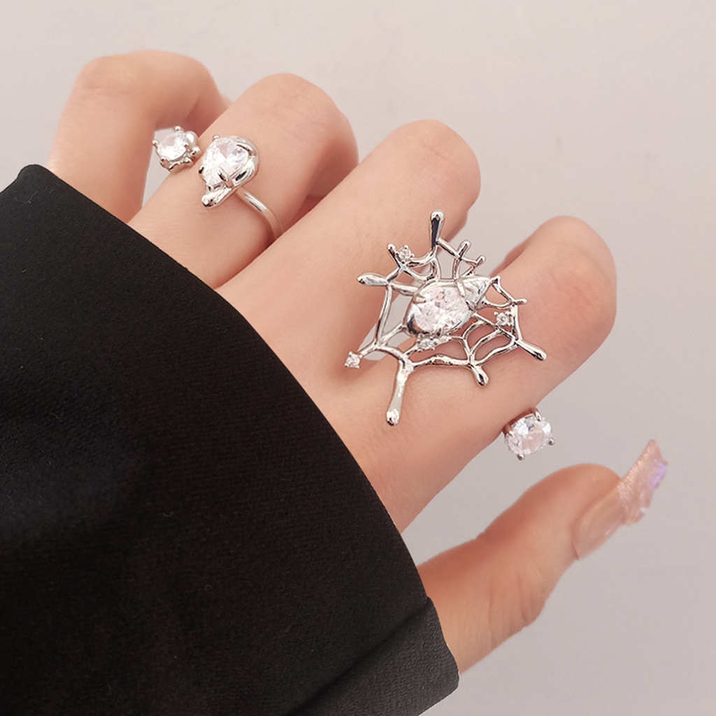 Hu Hu Hu Hu Hu Alat Bantu Pasang Kacamata♡ Cincin Model Terbuka Adjustable Desain Jaring Laba-Laba Aksen Berlian Imitasi Untuk Unisex