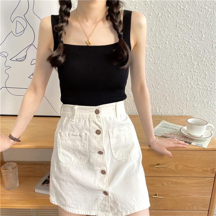Feminin Tank Top Wanita Pakaian Atasan Tanktop Cewek Korea Rajut Square Neck Inner Wear-HITAM