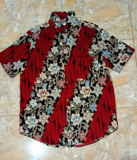 Kemeja 113 Tu# Kemeja Batik Dewasa Warna Merah Edisi Imlek Bahan Katun Stretchy