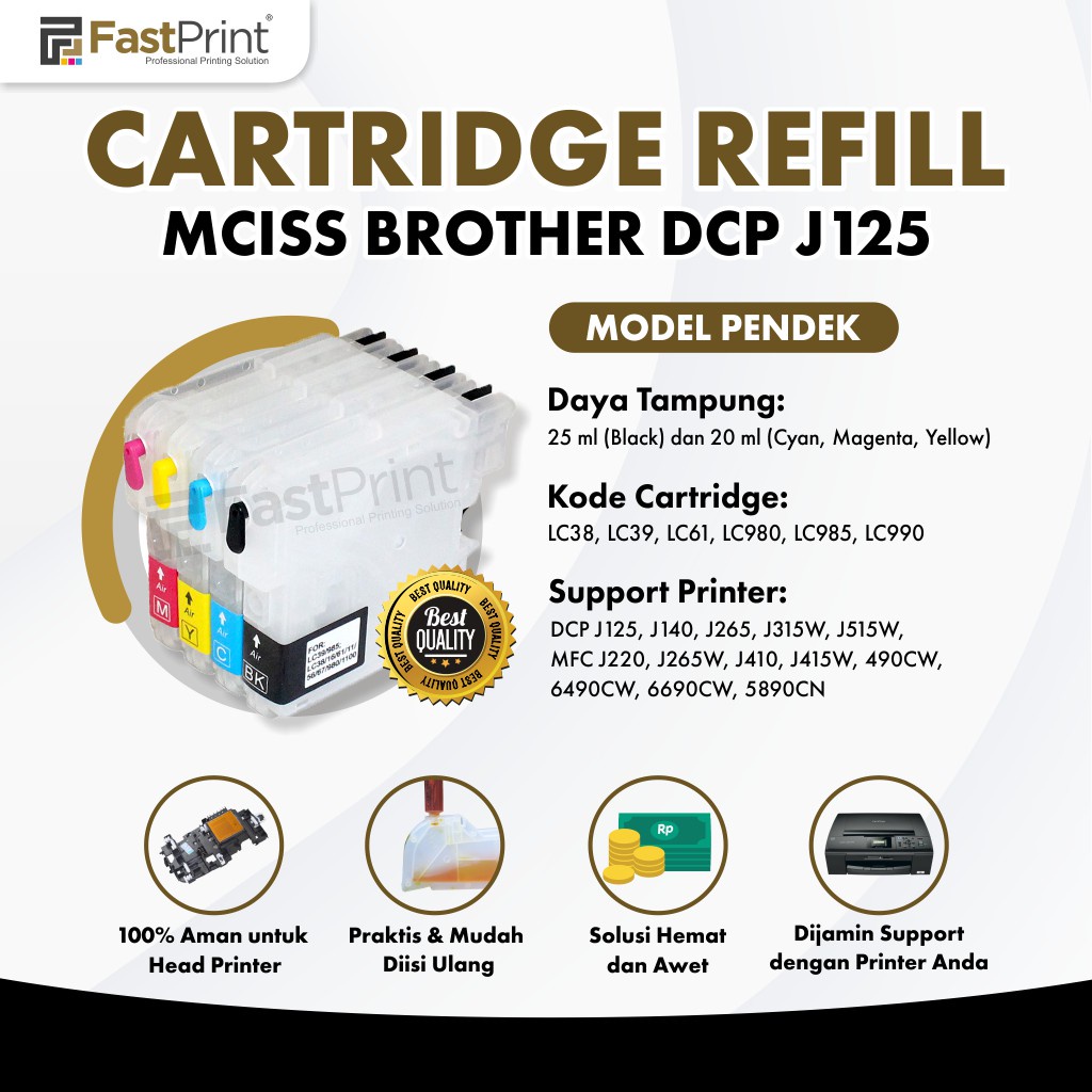 Cartridge MCISS Refillable LC38 LC39 BT DCP J125 J315W J265W MFC J220 Pendek Kosongan