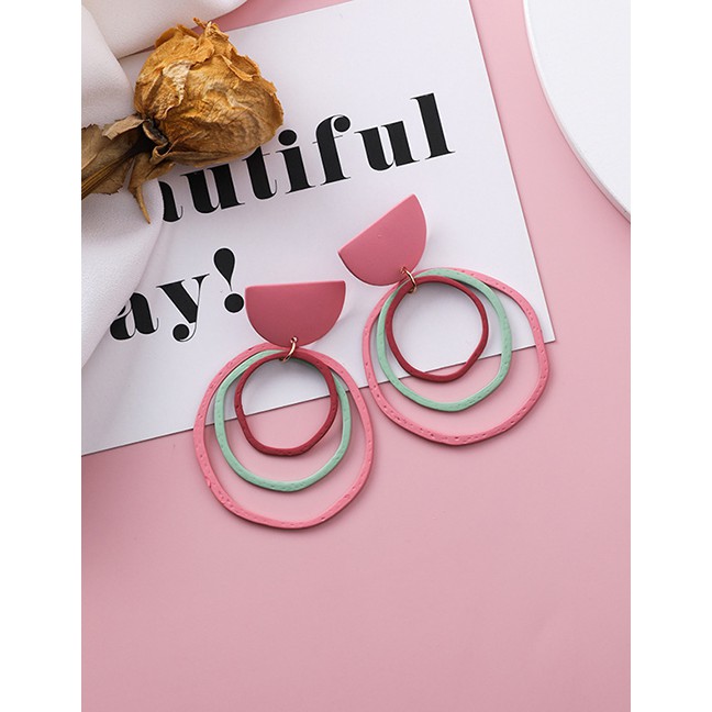 LRC Anting Tusuk Fashion Pink 925 Silver Needle Irregular Multi-layer Circle Earrings F62488