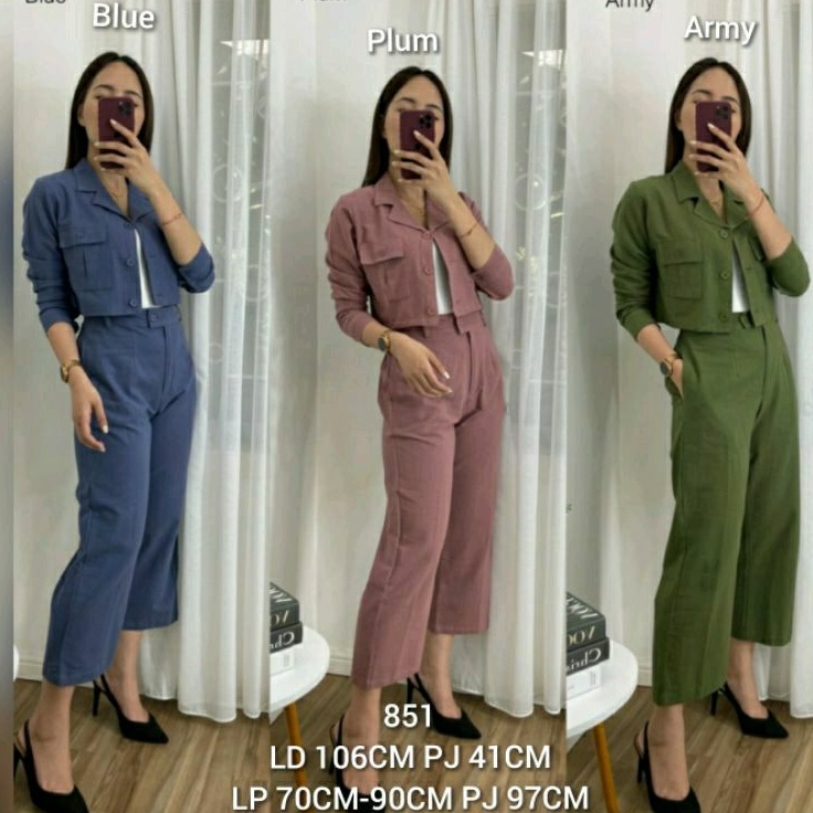 SET SEMI BLAZER CROP LINEN PREMIUM