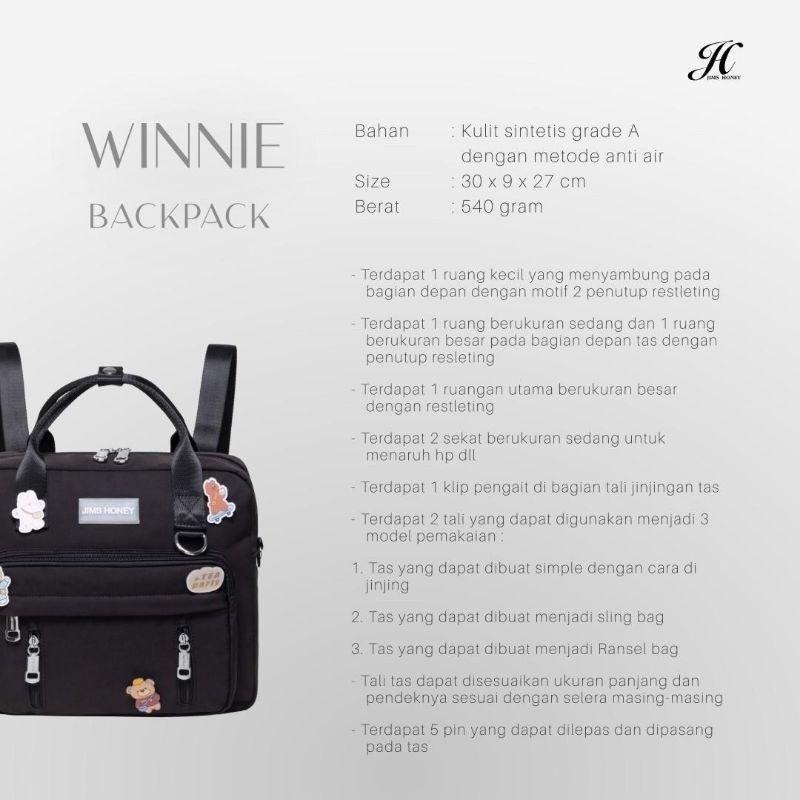 WINNIE BACKPACK JIMS HONEY ORI TAS LAPTOP RANSEL WANITA PRIA UNISEX IMPOR FASHION CEWEK KOREA MURAH