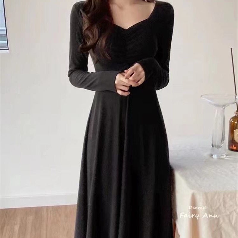 korean style pure desire French dress long sleeve V-neck waist-slimming long dress