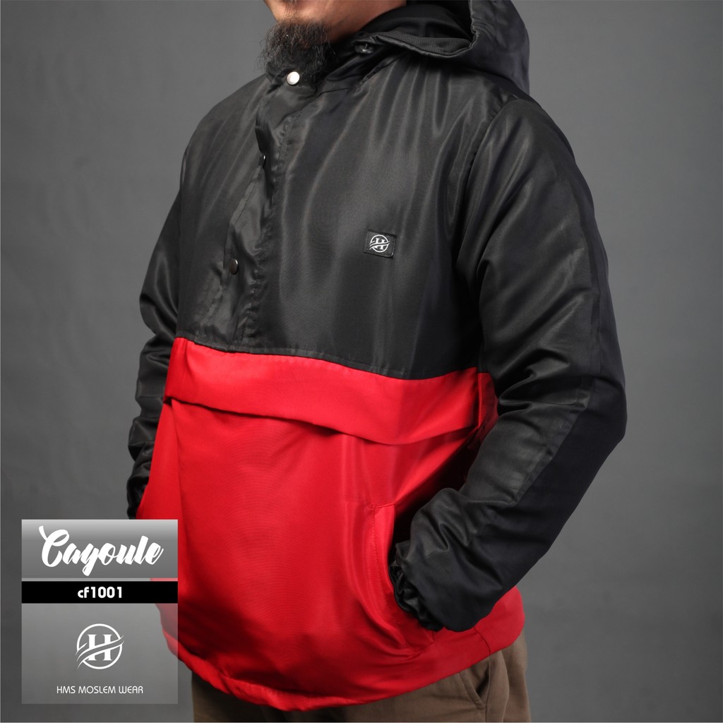 HMS jaket pria distro jaket cougle jaket water proof jaket warna black and red kode art CF329