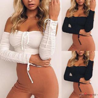 Kaos Crop  Top  Wanita Lengan  Panjang  Model  Off Shoulder 