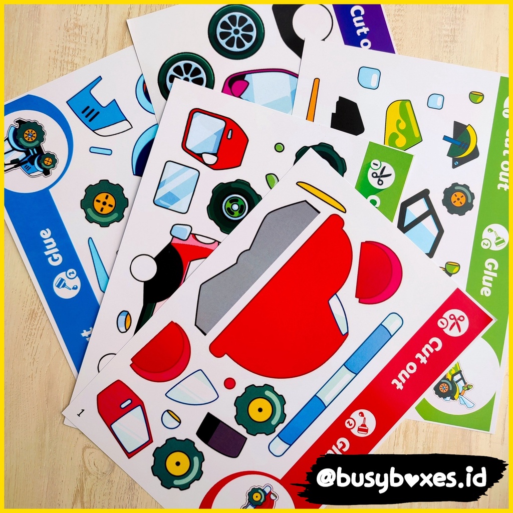 [busyboxes.id] cut and glue kendaraan vol.2 lembar aktivitas pra sekolah preschool gunting tempel