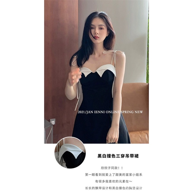 #Sisjuly# Wanita Lengan Pendek Rok Bertali Wanita Ramping Pinggang Tinggi Gaun Kontras Penyambungan