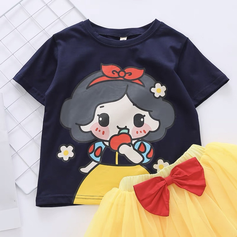 Setelan Anak Perempuan Kaos dan Rok Tutu Princess Frozen Elsa Mermaid Snow White Import Premium