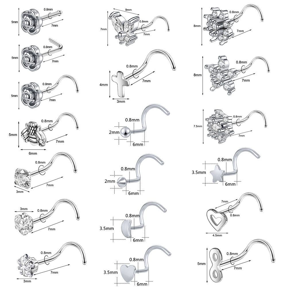 4pcs / Lot Anting Tindik Hidung Bentuk L Motif Hati / Bunga Bahan Stainless Steel 20g