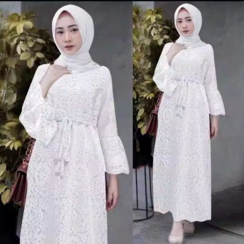MAXI YASINA/GAMIS FULL BRUKAT/MAXI DRESS BRUKAT/GAMIS PESTA-Putih