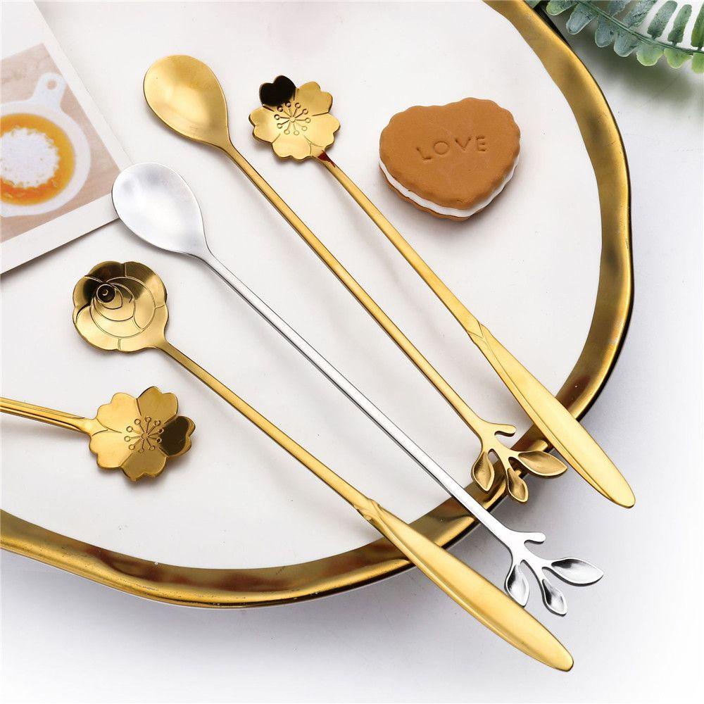 SOLIGHTER Dessert Coffee Spoon Kitchen Gadgets Stainless Steel Tea Scoop Honey Utensils Gift Stirring Tool Household Small Leafs Upscale Dinnerware/Multicolor