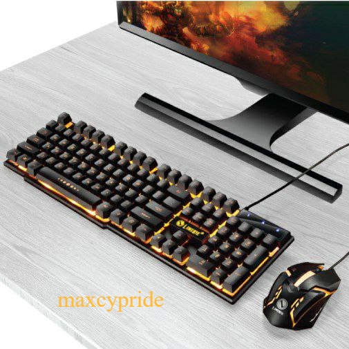 Paket Keyboard Mouse RGB Gaming Set USB Cable For Laptop / PC Black Gold LED Series With Light Luminous and Mechanical Feel Berkualitas