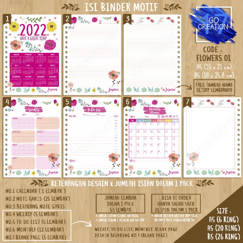 

Buku Planner isi Kertas Binder Motif Flowers 01 Premium A5 ring 20 dan A5 ring 6