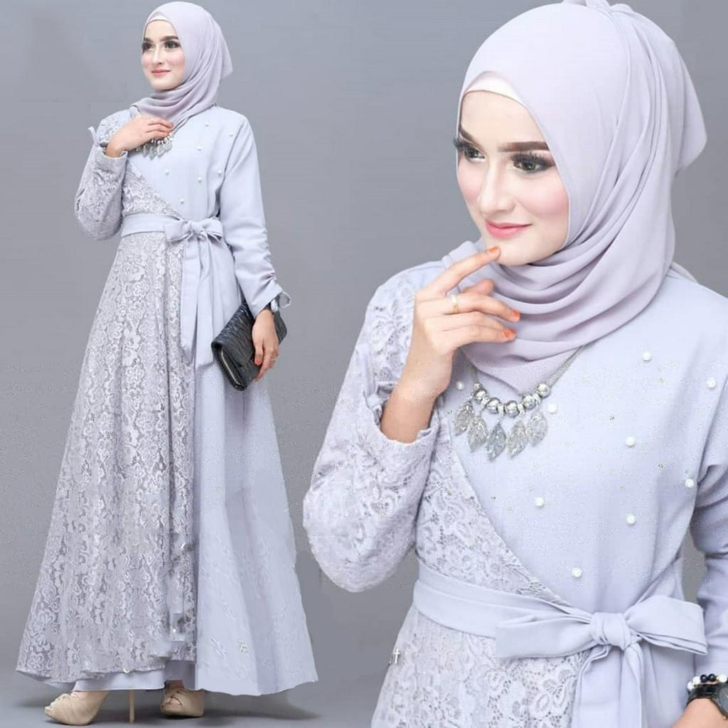 Gamis Syari Mewah Brukat Lilla Tille Mutiara Brokat Gaun Kondangan Pesta wedding