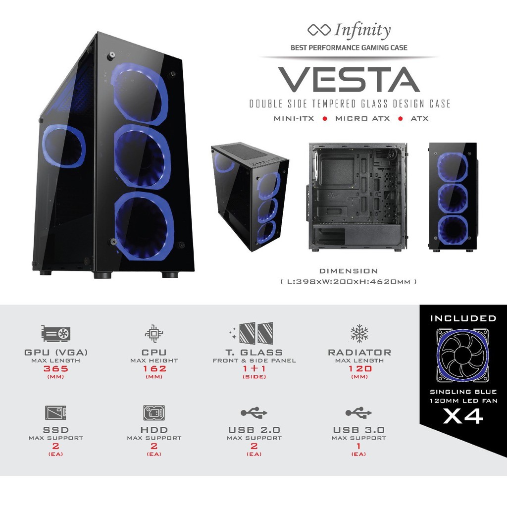 CASE INFINITY VESTA - 4 Fan Blue | ATX | Front &amp; Side Tempered