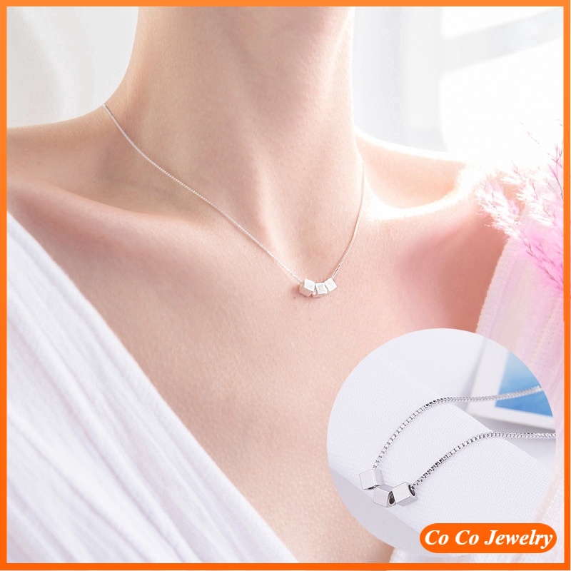 Kalung Silver Cube Pendant Necklace Clavicle Chain Necklaces Women Jewelry Accessories