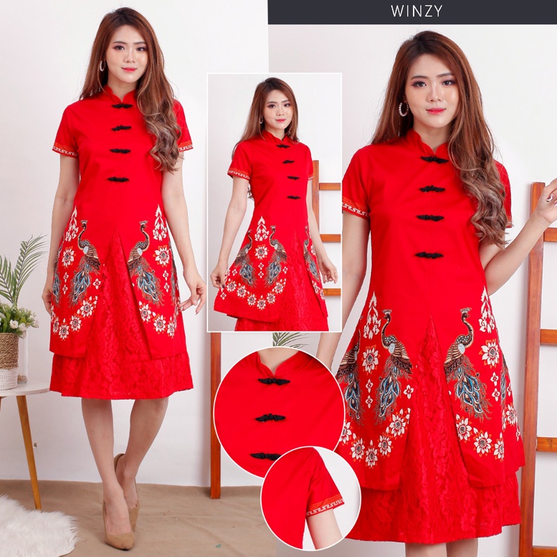 Jual Winzy Cheongsam Dress Batik Wanita Couple Imlek Cny Seragam Merah 