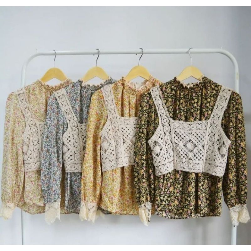 Blouse Shabby + Rompi Korean Style Kekinian atasan shabby chic blouse bunga-bunga