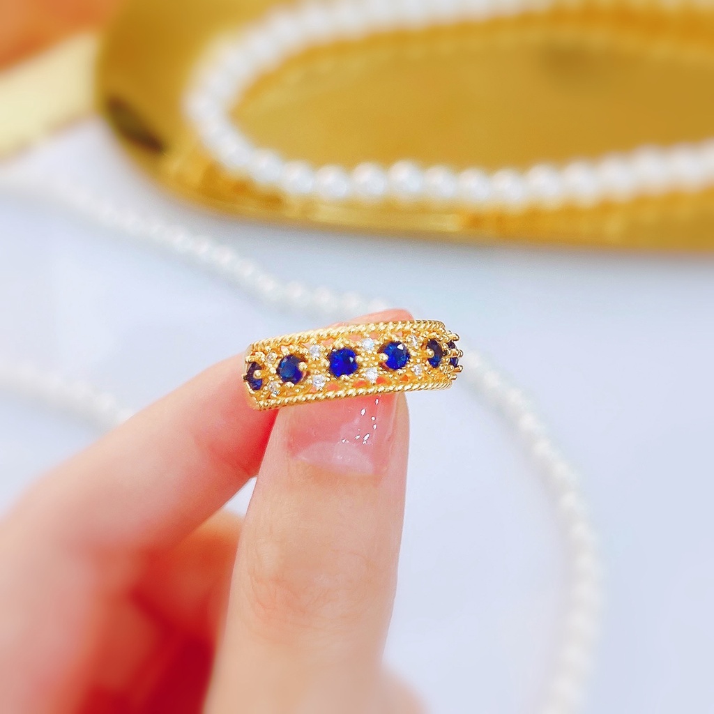 Goldkingdom Perhiasan Fashion Emas Asli Kadar 375 Bangkok Aksesoris Ready Stock Berlapis Emas Vintage Renda Kerajinan Ujung Biru Kristal Karbon Tinggi Berlian Cincin Yang Dapat Disesuaikan Untuk Wanita