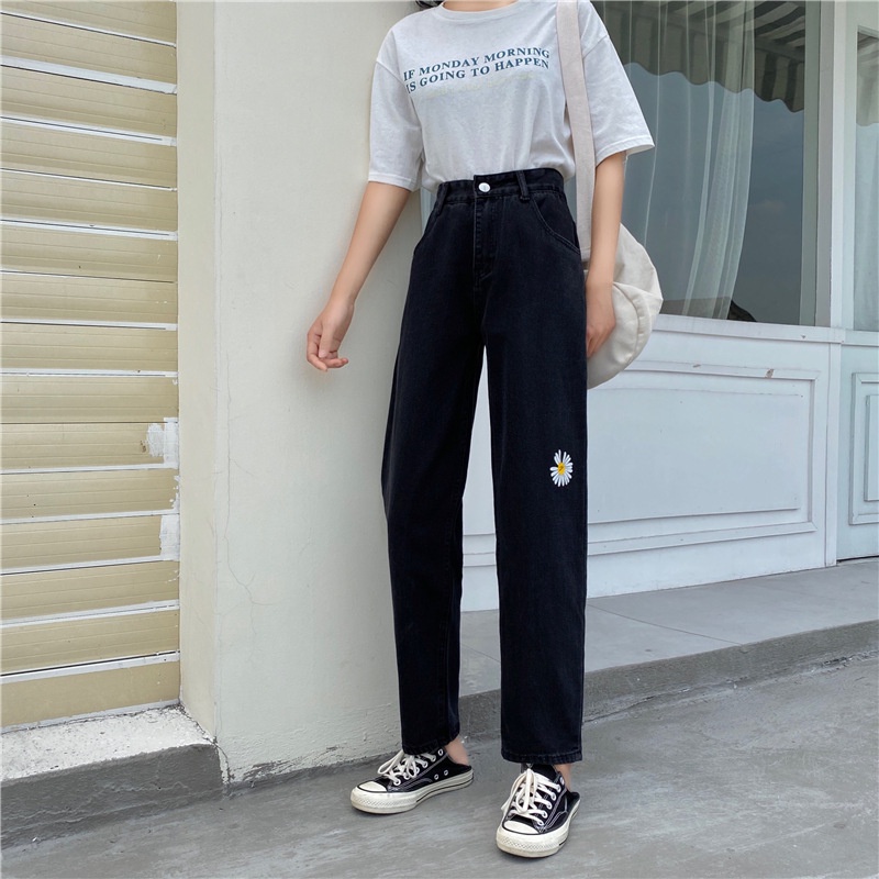 yikoo-Jeans wanita bordir daisy korean style jeans boyfriend celana